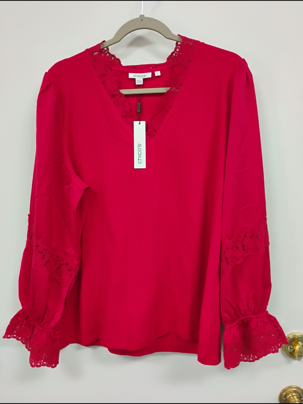 NWT Chico’s Hot Pink Lace Bell Sleeve Blouse Top XL